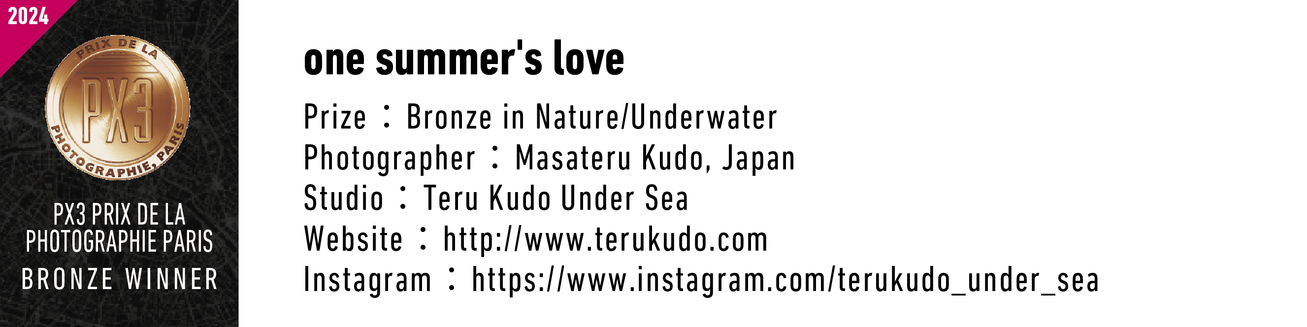 2024PRIX DE LA PX3 PARIS OTOGRAPHIE PX3 PRIX DE LA PHOTOGRAPHIE PARIS BRONZE WINNER one summer's love Prize Bronze in Nature/Underwater Photographer: Masateru Kudo, Japan Studio Website Teru Kudo Under Sea http://www.terukudo.com Instagram: https://www.instagram.com/terukudo_under_sea